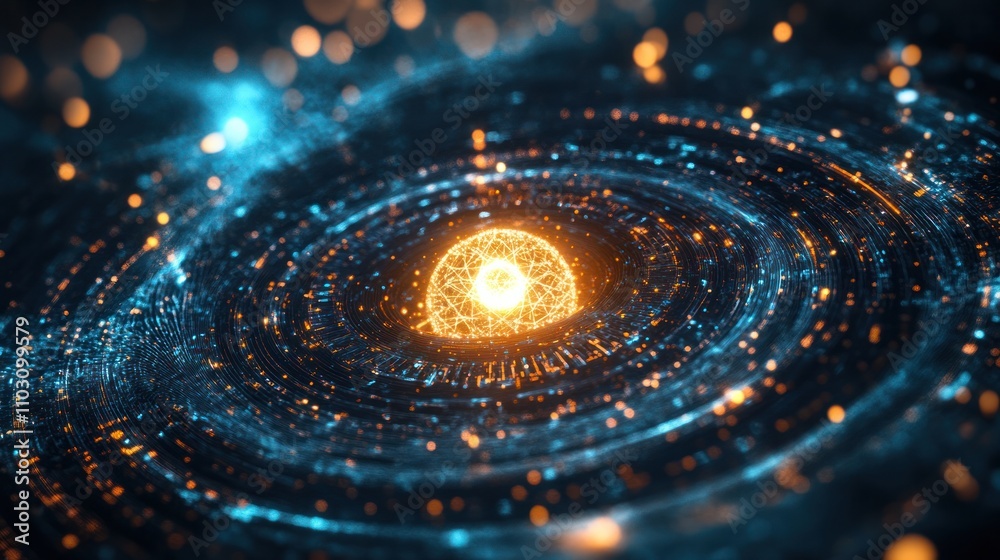 Poster a glowing quantum particle suspended in space surrounded by a field of energy with intricate pattern