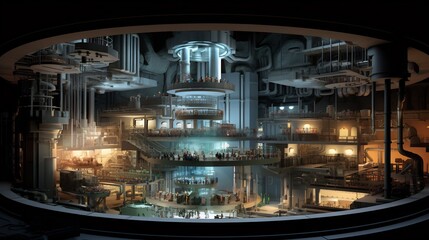 Detailed cross section of the internal structure and components of a nuclear reactor core within a high tech industrial power facility