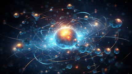 Visually captivating scientific showcasing a glowing atomic nucleus surrounded by orbiting electrons representing the complex and intriguing structures of the subatomic world