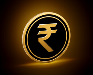Golden And Black Rounded Indian Rupee Coin Isolated On Shiny Golden Glow Background 3d Illustration