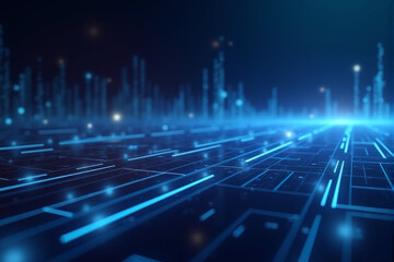 A futuristic digital landscape with glowing blue lines and red accents, creating a sense of depth and speed.