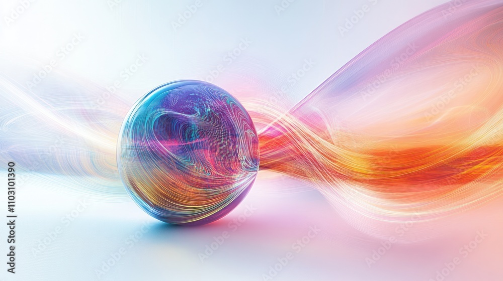 Poster a smooth spherical object surrounded by quantum waves and light trails, representing the uncertainty