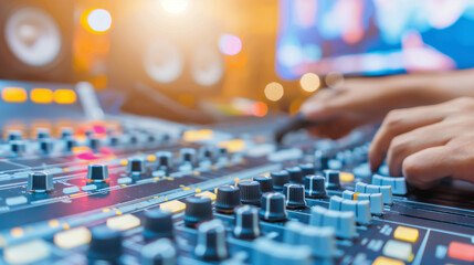 Serene audio studio with sound engineer adjusting noise reduction settings on mixing console, symbolizing the meticulous process of eliminating unwanted sounds