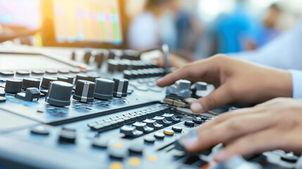 Serene audio studio with sound engineer adjusting noise reduction settings on mixing console, symbolizing the meticulous process of eliminating unwanted sounds