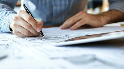 Person Drawing Blueprints on Table with Tablet Nearby
