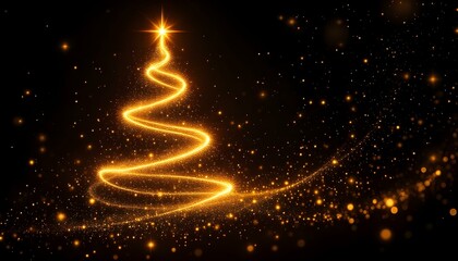 Obraz premium A minimal outline of a Christmas tree with subtle golden lights on a black background. Beautiful Christmas or New Year celebration minimalistic poster or banner.