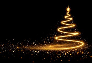 A minimal outline of a Christmas tree with subtle golden lights on a black background. Beautiful Christmas or New Year celebration minimalistic poster or banner.