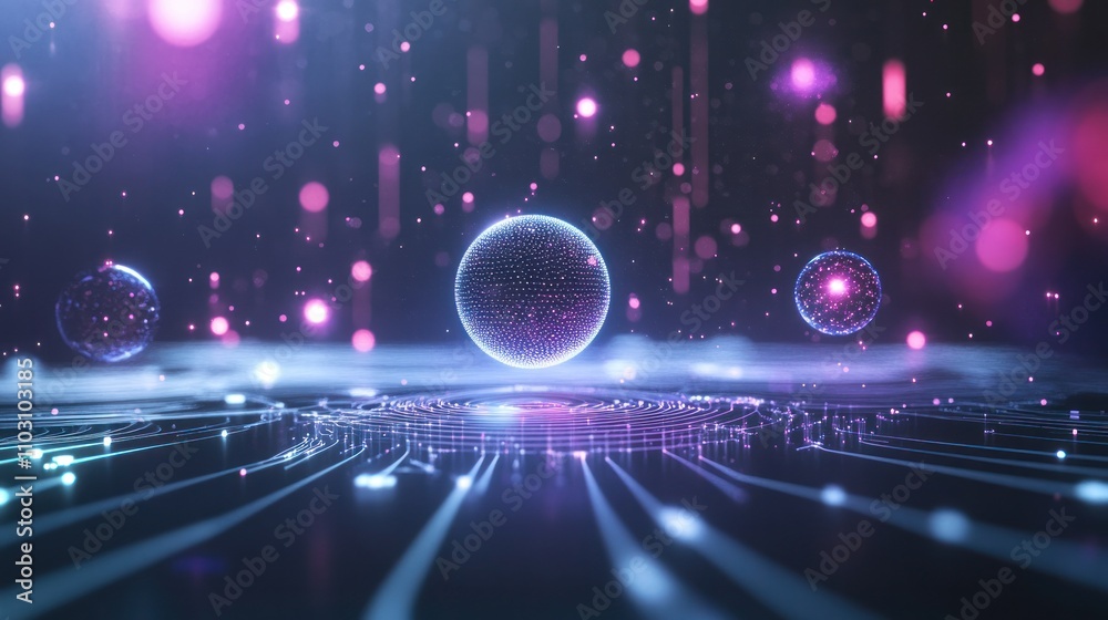 Poster particles floating above a sleek surface with holographic data points and futuristic circuits surrou