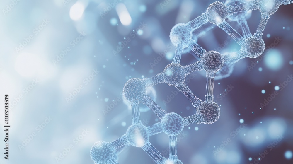 Poster a dna strand with transparent hexagonal elements interlinked around it in a network pattern on a lig