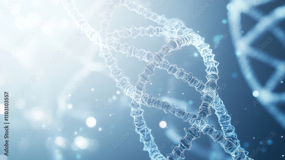 Poster a dna strand with transparent hexagonal elements interlinked around it in a network pattern on a lig