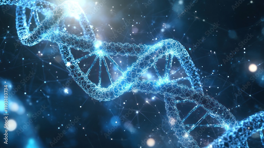 Poster a dna strand with transparent hexagonal elements interlinked around it in a network pattern on a lig