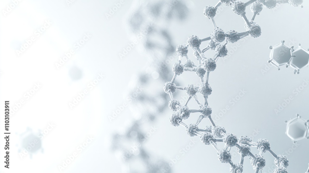 Poster a dna strand with transparent hexagonal elements interlinked around it in a network pattern on a lig