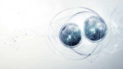 entanglement, with two interconnected spheres surrounded by light trails and geometric lines