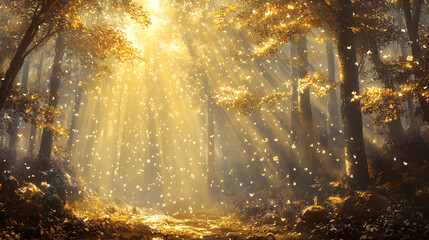 Enchanted Glow: Golden Sunlight Dancing Through Veils of Mist Creating a Magical Radiance