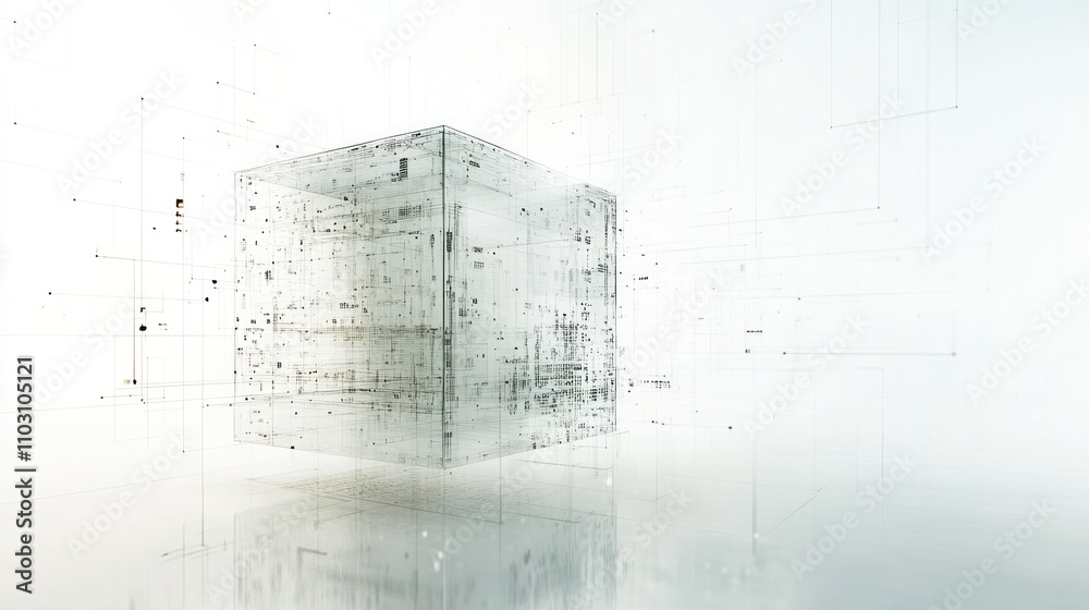 Poster mechanics, featuring a transparent cube with mathematical formulas and graphs projected onto its sur