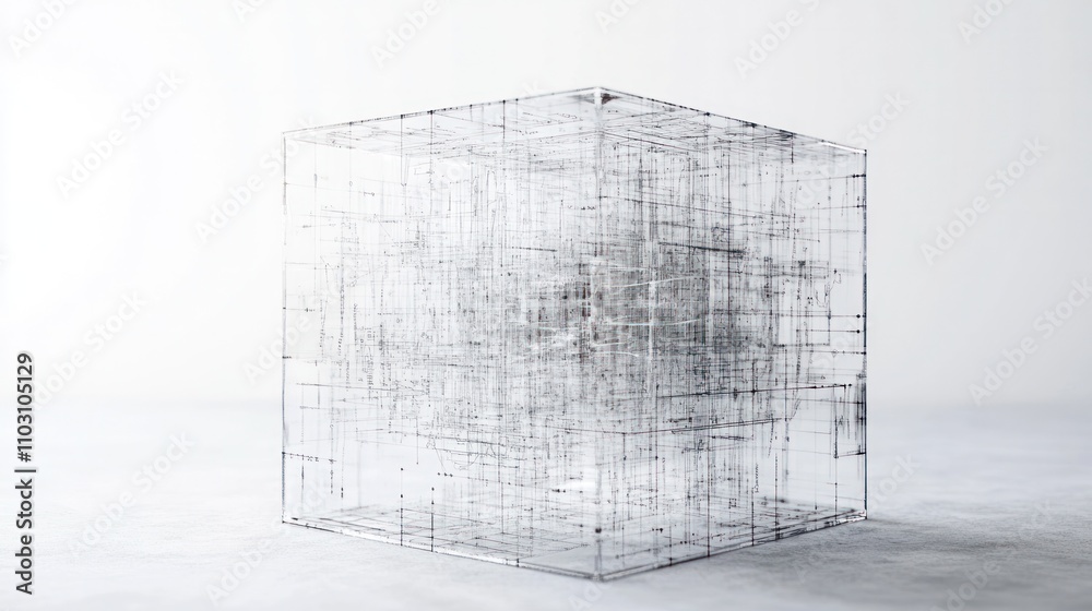 Poster mechanics, featuring a transparent cube with mathematical formulas and graphs projected onto its sur
