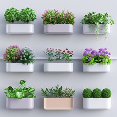 Fototapeta premium 2409_206.An assortment of whole, balcony railing planters,isolate, perfect top-down view, showcasing diverse varieties, arranged with space around each balcony railing planters, no sides visible,