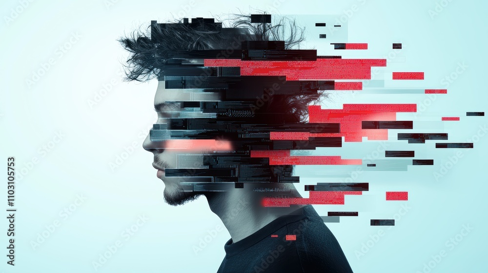Poster an abstract representation of a human silhouette merging with a digital code stream, representing th