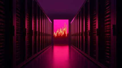 Fototapeta premium Forecast for peak energy concept Futuristic server room with vibrant lighting and data visualization.
