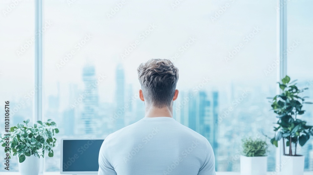 Poster a developer taking a break from coding to stretch at his standing desk, with a cityscape visible thr