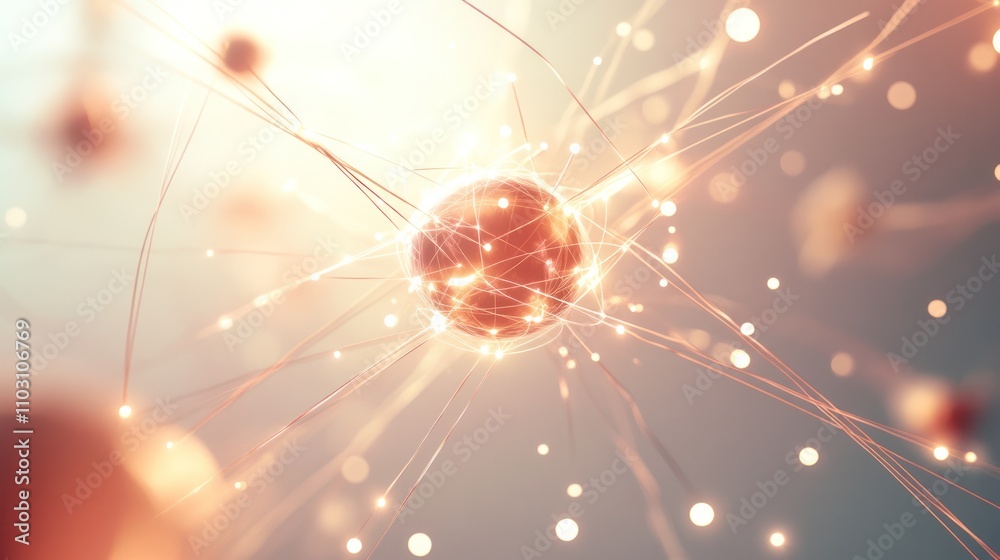 Poster subatomic particles in motion, emitting a soft glow with dotted lines representing quantum fields