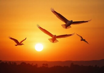 Obraz premium Birds soar gracefully in the orange sky during a vibrant sunset over the horizon