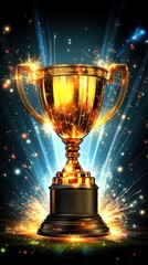 A shiny golden trophy emitting sparks and light, symbolizing achievement and victory.