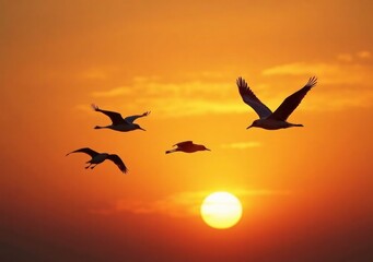 Obraz premium Birds flying at sunset over a tranquil landscape creating a serene atmosphere