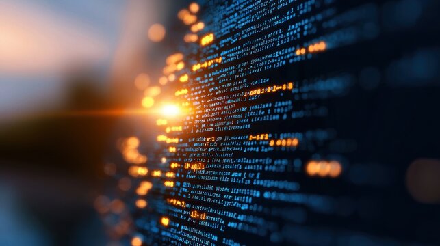 An abstract background with glowing lines of code forming the logo or syntax of a specific programming language, such as Python, Java, or C