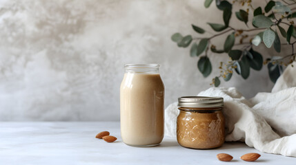 Almond milk and almond butter promoting biohacking and healthy lifestyle