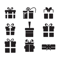 silhouette gift boxes set, present boxes icons sets, Christmas gift boxes, Gift boxes with ribbon icons Set, vector illustration, Surprising gift boxes, vector icons, vector symbol, Christmas gifts,