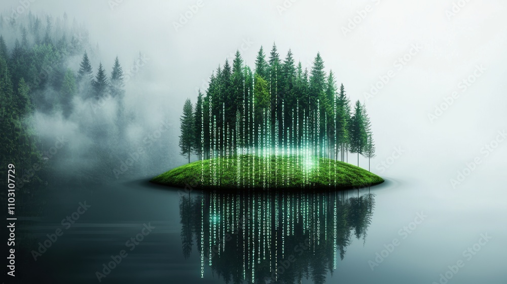 Wall mural a surreal image of code merging with natural elements, such as trees or water, suggesting the interc