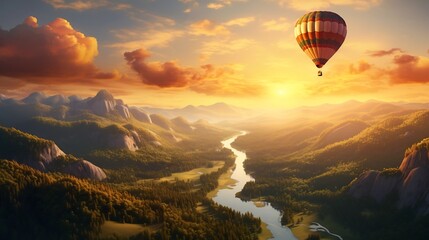 Stunning 3D Render of a Majestic Hot Air Balloon Gently Drifting Over a Picturesque and Serene Valley Bathed in the Warm Glow of the Sunrise