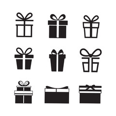 silhouette gift boxes set, present boxes icons sets, Christmas gift boxes, Gift boxes with ribbon icons Set, vector illustration, Surprising gift boxes, vector icons, vector symbol, Christmas gifts,