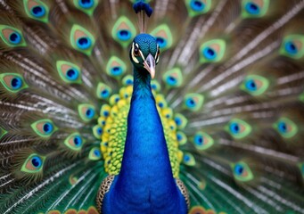 Fototapeta premium Colorful peacock displaying its plumage in a vibrant natural setting