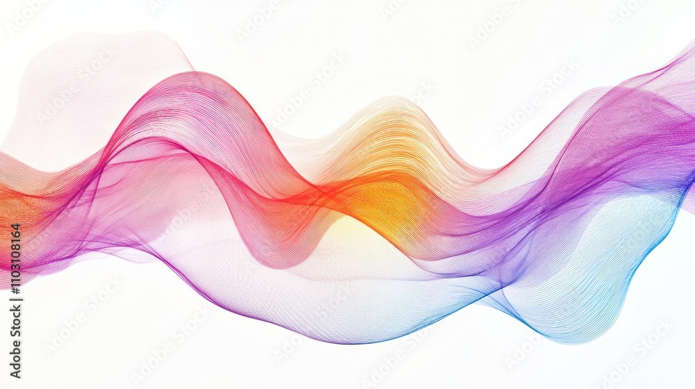 Poster quantum wave function represented by colorful sine waves intersecting and oscillating on a clean