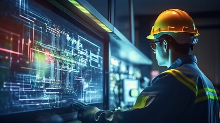 Concentrated Electrical Engineer Meticulously Analyzing Data and Insights on Computer While Wearing Safety Gear Showcasing Precision and Safety in a Technical Industrial Setting