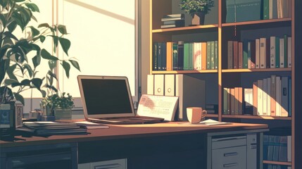 Sunlit Workspace Illustration: Laptop, Bookshelves, Plants, and Morning Light