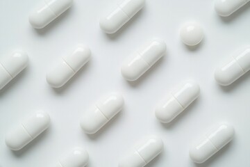 White pills and capsule forming a pattern on white background