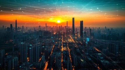 Fototapeta premium Bird's-eye Perspective: Cityscape at Twilight with Stunning Aerial View