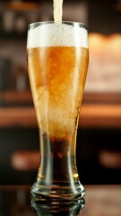 Close-up of beer pouring into pint , freeze motion.