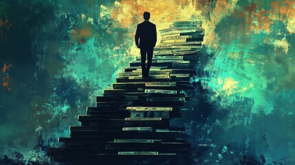Businessman climbing money staircase, symbolizing career growth and financial achievements - illustration for success concept.