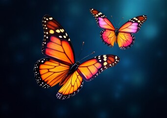 Fototapeta premium Vibrant butterflies in flight against a soft blue background captivating viewers