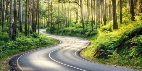 Fototapeta premium A tranquil, curvy road through a forest of towering trees, lush ferns growing along the sides, sunlight filtering gently through, creating dappled patterns