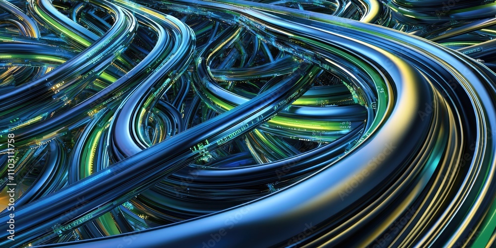 Poster A digital transformation concept showing an abstract flow of data moving through interconnected nodes, symbolizing innovation in technology. The colors are sleek with blu