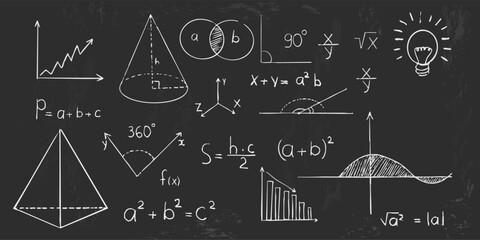 Math geometry graph and shapes on blackboard background. Set science doodle hand drawn sketch elements. Study theory formula, calculations.