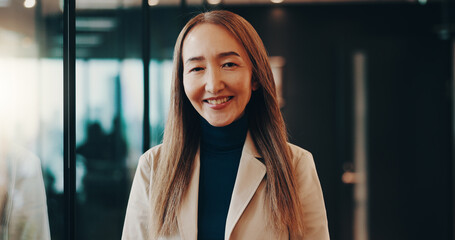 Smile, confident and portrait of businesswoman in office for finance career with growth. Happy,...