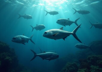 Fototapeta premium Schools of fish swimming gracefully in clear ocean waters during daylight hours