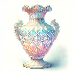 A captivating, iridescent glass vase with a striking, ornate design featuring intricate patterns and swirling, rainbow-like hues that create a mesmerizing, ethereal effect