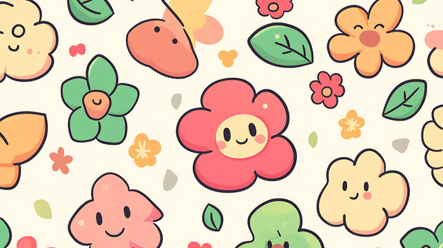 A delightful pattern featuring cute cartoon flowers and playful elements in a kawaii art style 